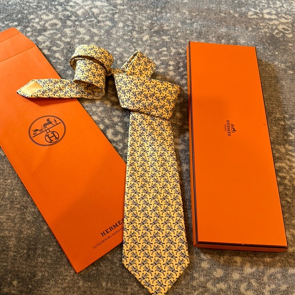Hermes Other - HERMES SILK TIE # 5321 YELLOW WITH GRAY  EQUESTRIAN MEN ON HORSES